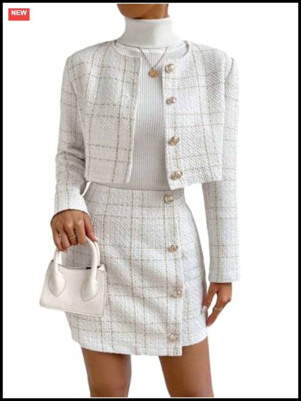 Women's 2 Piece Plaid Tweed Blazer Skirt Set, Long Sleeve, Flap Pocket